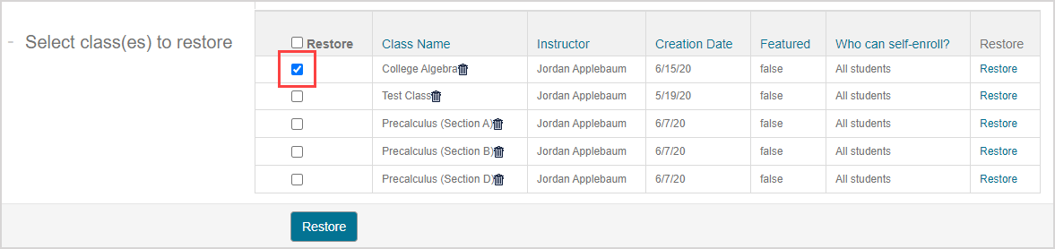 The check box of a class under the Restore column in the select class(es) to restore table is checked.